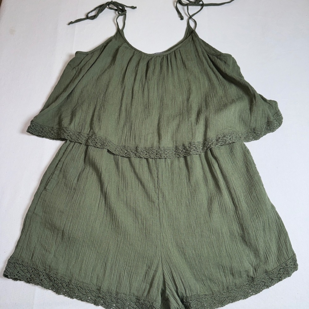 Aerie Olive Green Popover Romper Crochet Lace Trim Tie Straps Medium - Picture 1 of 12